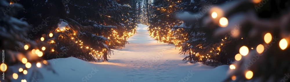 A snow-covered pathway lined with twinkling Christmas lights. A snow-covered pathway lined with twinkling Christmas lights.
