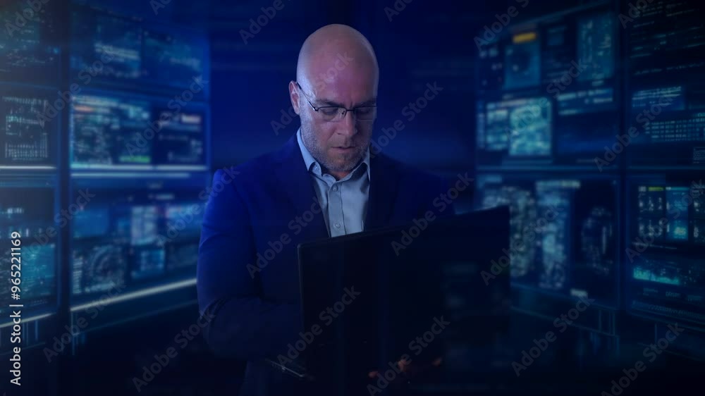 A computer programmer in a suit is using a laptop, standing in front of multiple digital screens displaying artificial intelligence data. Futuristic interfaces of cybersecurity of data analysis A computer programmer in a suit is using a laptop, standing in front of multiple digital screens displaying artificial intelligence data. Futuristic interfaces of cybersecurity of data analysis