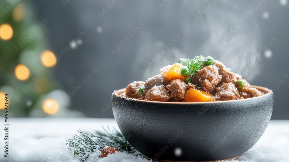 Carbonnade Flamande in a snowy setting, contrasting the warm dish with a cold wintry backdrop. Carbonnade Flamande in a snowy setting, contrasting the warm dish with a cold wintry backdrop.