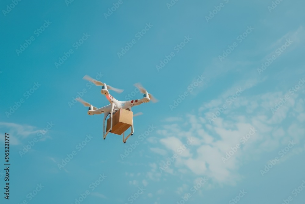 A drone carrying a package ready for delivery on blue sky background A drone carrying a package ready for delivery on blue sky background