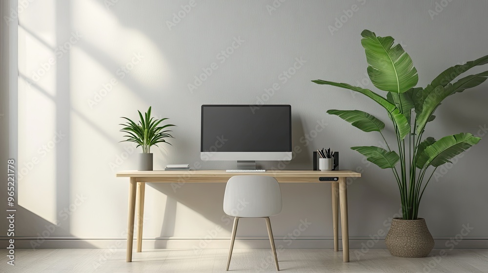 Modern home office interior with a computer on the desk a plant and a simple geometric background. 3D Rendering Modern home office interior with a computer on the desk a plant and a simple geometric background. 3D Rendering