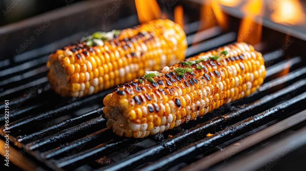 Corn cooked on a grill with spices, showcasing a flavorful dish. Corn cooked on a grill with spices, showcasing a flavorful dish.