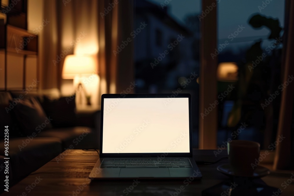 A laptop mockup white screen glowing , decor, and a dim light from a lamp on a table in a dark office room at night A laptop mockup white screen glowing , decor, and a dim light from a lamp on a table in a dark office room at night