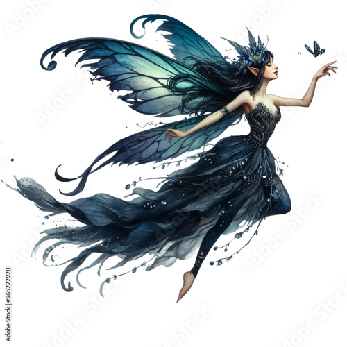Beautiful dark fairy chasing a butterfly, watercolor illustration, png
