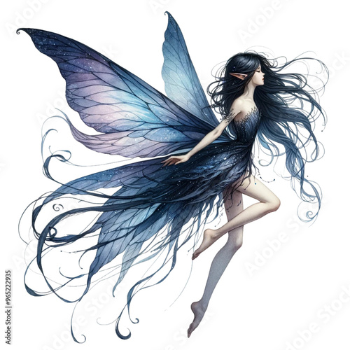 Beautiful dark fairy side view, watercolor illustration, png
