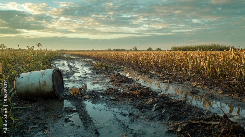 Desolate cornfield landscape with discarded barrel and wilted plants under cloudy sky in rural countryside, symbolizing environmental impact and agricultural decline Desolate cornfield landscape with discarded barrel and wilted plants under cloudy sky in rural countryside, symbolizing environmental impact and agricultural decline