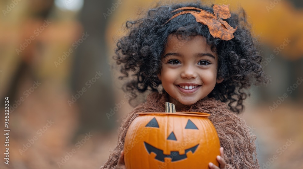 A child dressed as a vampire, smiling and holding a pumpkin bucket A child dressed as a vampire, smiling and holding a pumpkin bucket