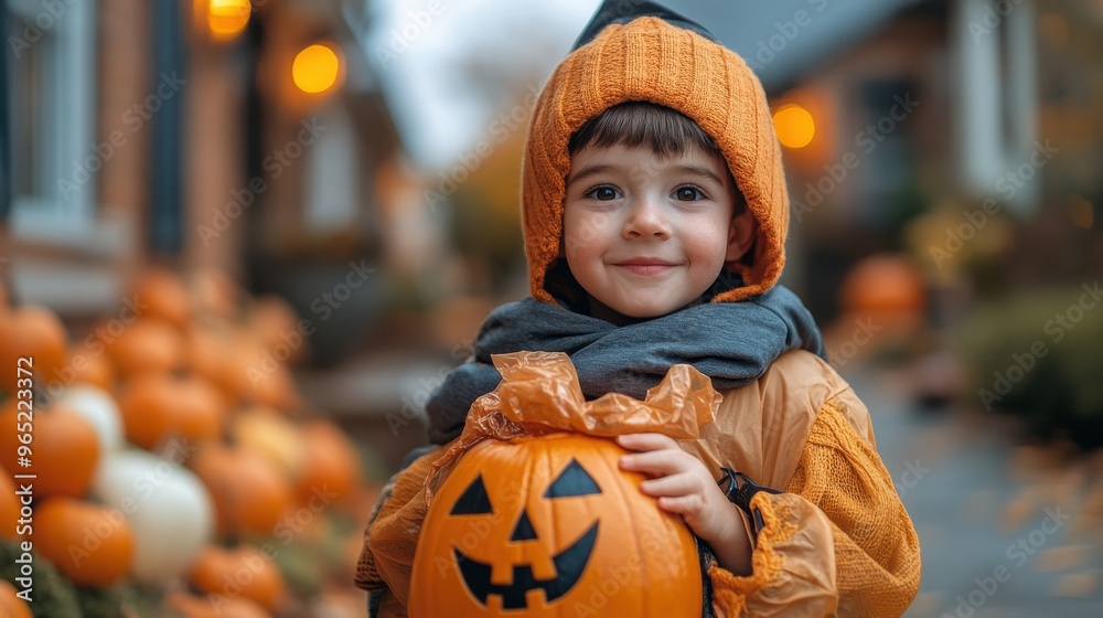 A child in a spooky ghost costume, holding a trick-or-treat bag A child in a spooky ghost costume, holding a trick-or-treat bag