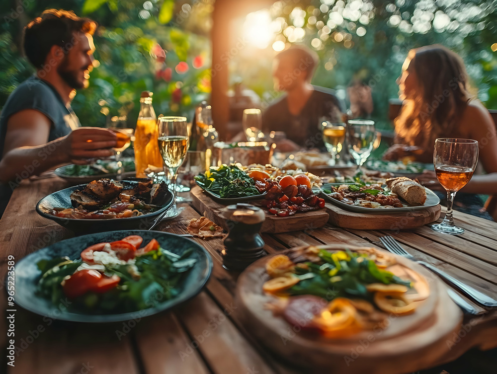 Friends Sharing a Delicious Meal Photo - Golden Hour Dinner Party Friends Sharing a Delicious Meal Photo - Golden Hour Dinner Party