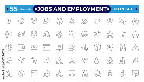 Jobs and Employment icon set. Recruitment icon set Included the Job Interview, Career Path, Resume, Job hiring, Candidate and Human Resource icons. Editable stroke outline icon.
