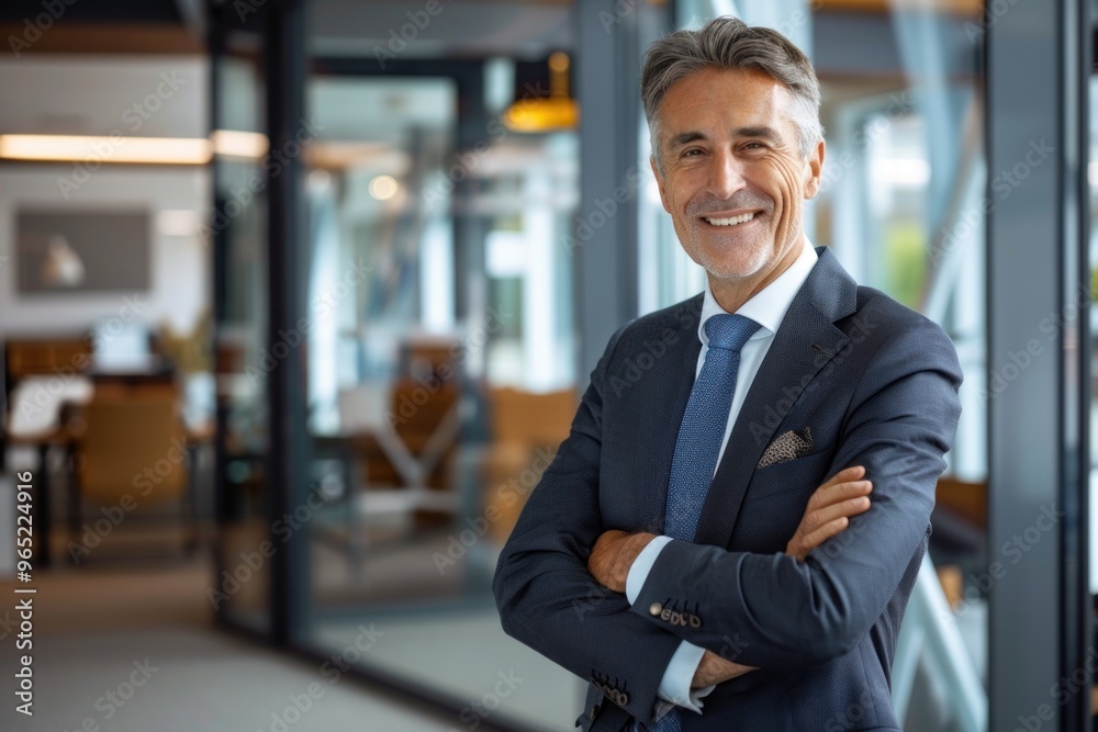 A successful mature businessman in a tailored suit, standing with arms crossed and smiling confidently A successful mature businessman in a tailored suit, standing with arms crossed and smiling confidently