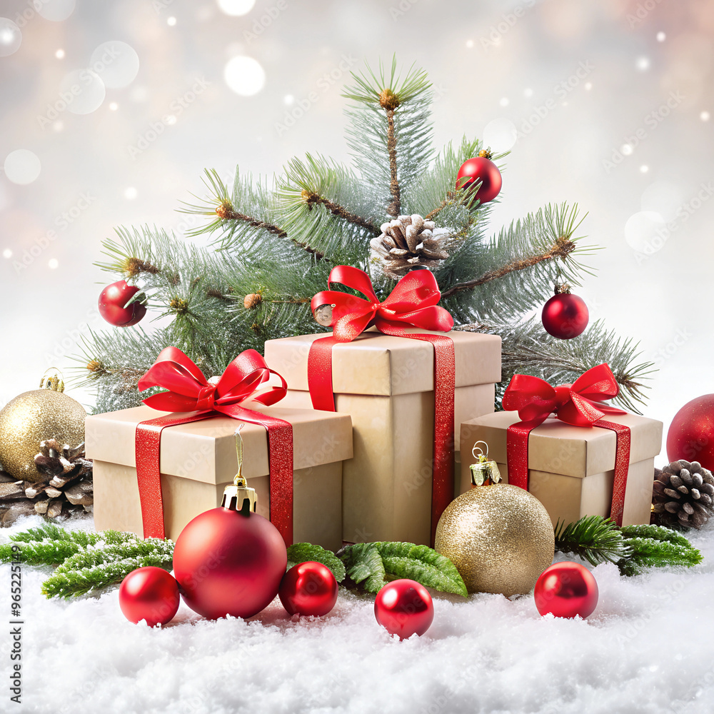 Festive Christmas scene with wrapped gift boxes, ornaments, and pine decorations in a winter setting
Festive Christmas scene with wrapped gift boxes, ornaments, and pine decorations in a winter setting