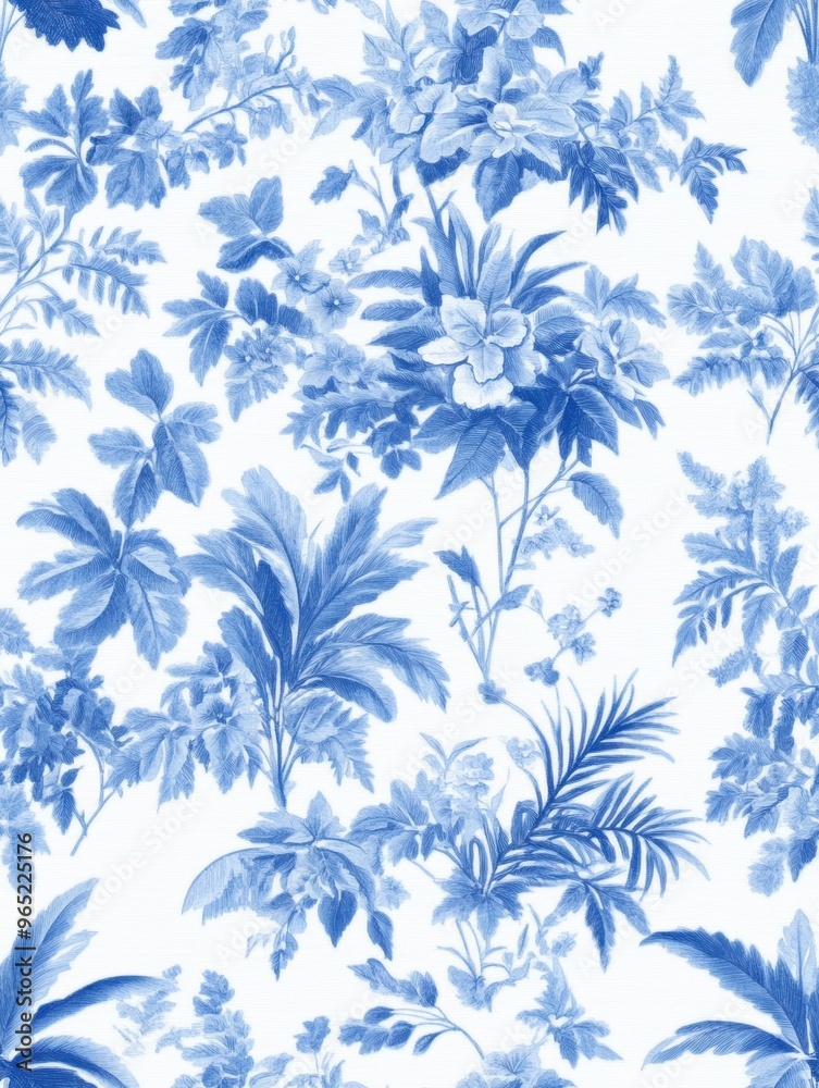 Obraz premium A seamless Toile De Jouy pattern in classic blue hues, featuring intricate pastoral landscapes