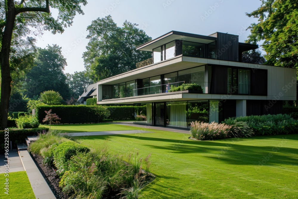 A very modern house with a garden in front. Sunny day. Green lawn and trees A very modern house with a garden in front. Sunny day. Green lawn and trees