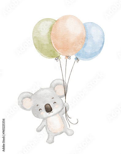 Cute koala is flying with balloons. Watercolor baby animal
