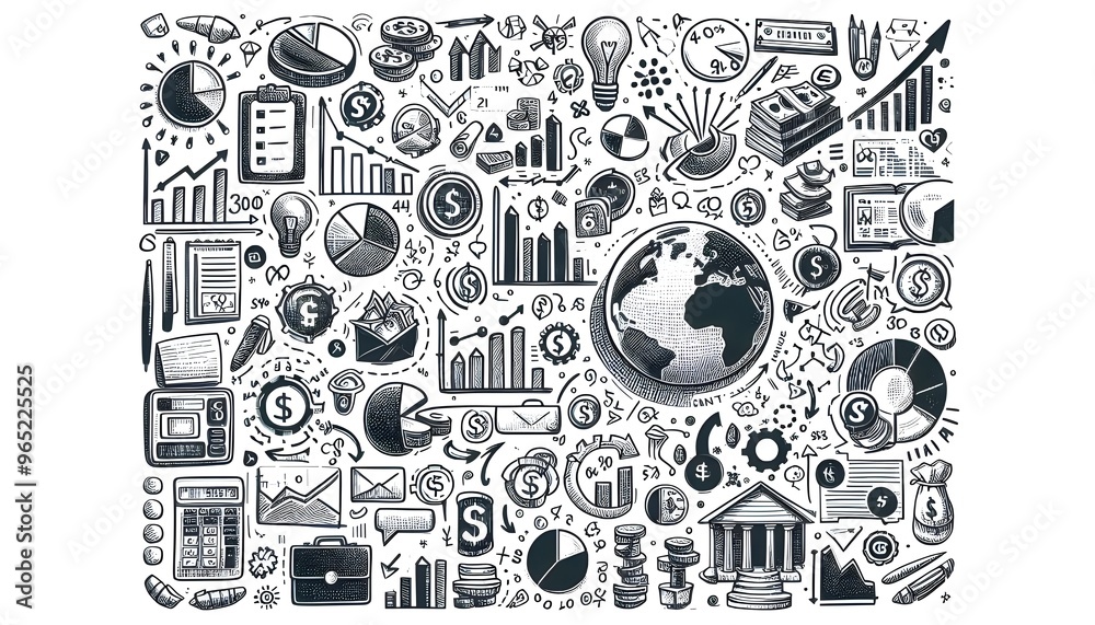 Hand-drawn financial and business icons, like graphs, pie charts, and currency symbols, scattered on a white background. Concept of business strategy and planning Hand-drawn financial and business icons, like graphs, pie charts, and currency symbols, scattered on a white background. Concept of business strategy and planning