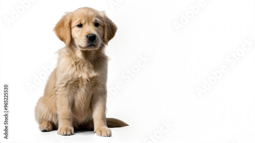 Tabby cat and golden retriever puppy sitting together, isolated against white