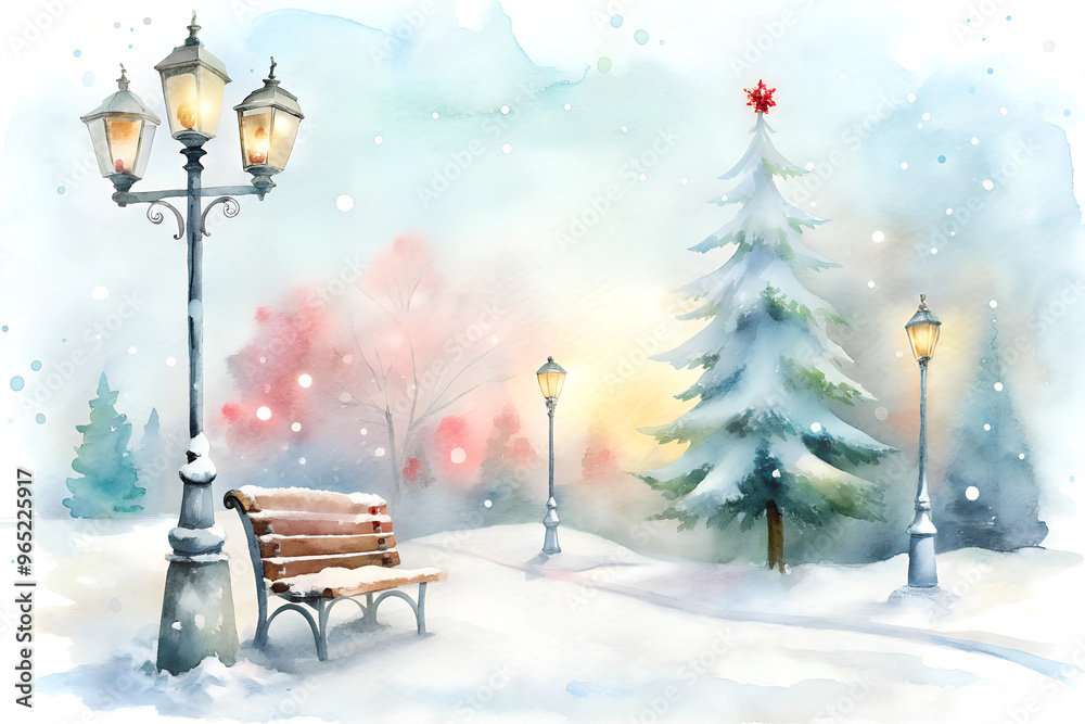 Charming watercolor scene of a snowy park. A bench is in the snow next to a street light. The scene is peaceful and quiet, with the snow covering the ground and trees