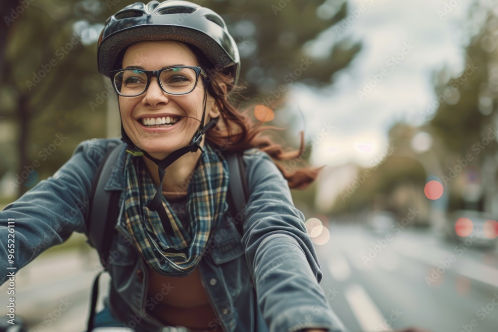 A woman wearing a helmet and glasses is riding a bike. She is smiling and she is enjoying her ride A woman wearing a helmet and glasses is riding a bike. She is smiling and she is enjoying her ride