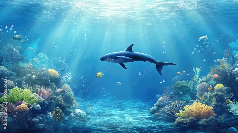 Fototapeta premium Underwater background of the ocean floor with fish whales.