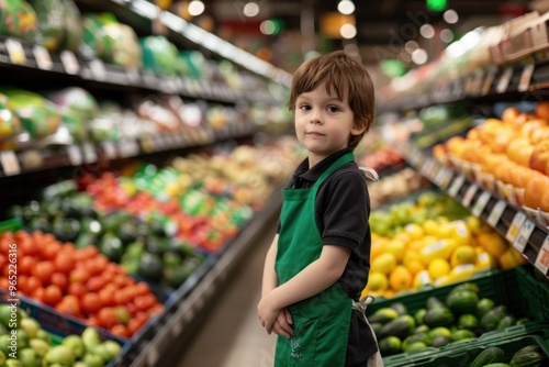 A young boy wearing a green apron stands in a produce section of a grocery store