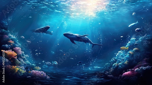 Underwater background of the ocean floor with fish whales.