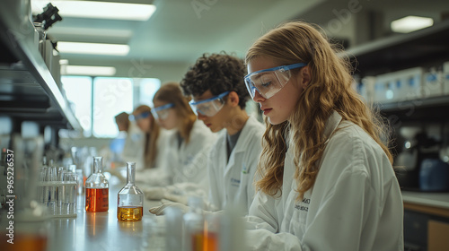 A high-tech science lab with students conducting experiments