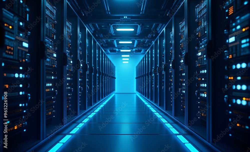 Interior of AI data center, rows of super computers to train artificial intelligence data center.