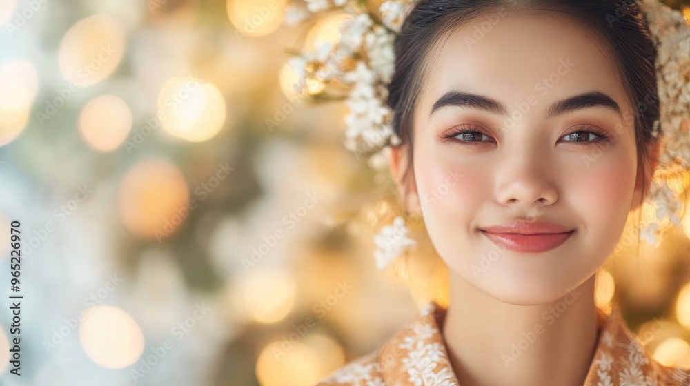Fototapeta premium Serene Southeast Asian Woman Embracing Aromatherapy in Spa Setting for Sensory Wellness Bliss (Selective Focus, Vibrant Overlay)