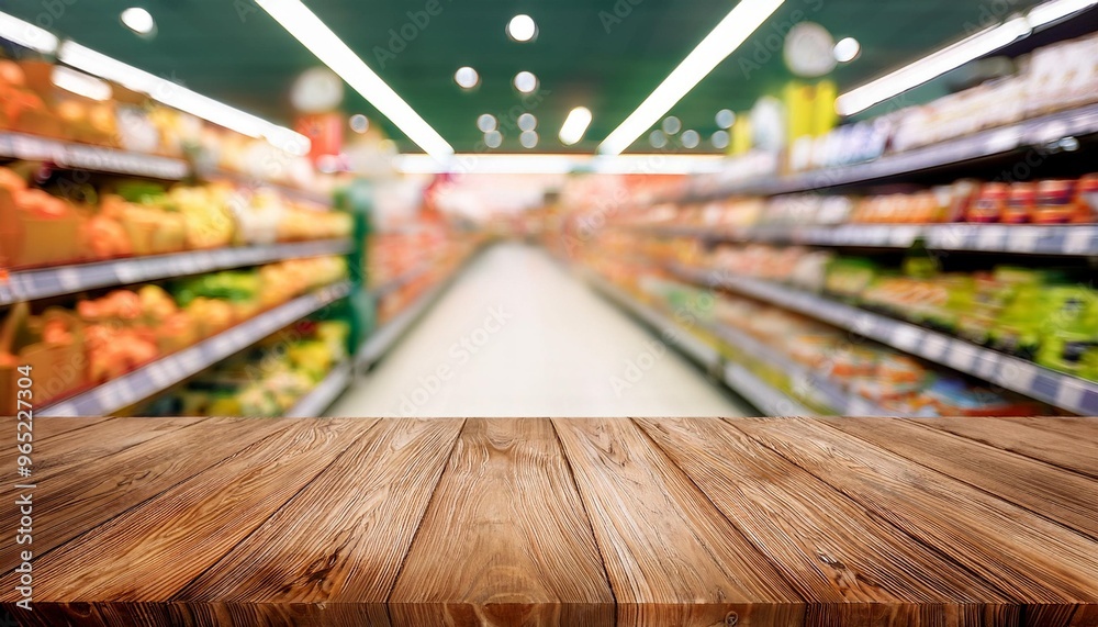 Wooden table in front of a brightly lit grocery store aisle Wooden table in front of a brightly lit grocery store aisle