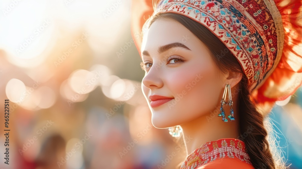 Obraz premium Silhouette of Central Asian Woman Dancing - Cultural Expression and Wellness in Whimsical Festival Setting (Close-Up, Dance Therapy Theme)
