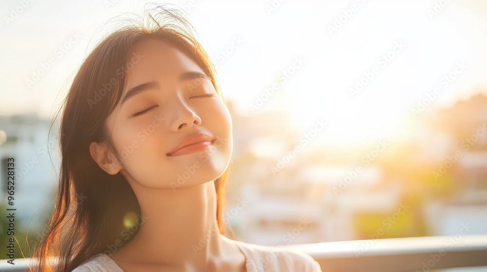 Portrait of a Southeast Asian model woman basking in the morning sun, showcasing the benefits of natural light for wellbeing (selective focus, theme: sunlight therapy) on a balcony (dynamic, Portrait of a Southeast Asian model woman basking in the morning sun, showcasing the benefits of natural light for wellbeing (selective focus, theme: sunlight therapy) on a balcony (dynamic,