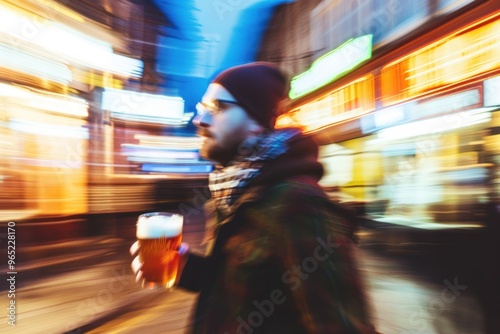 Alcohol addiction concept. Absolutely drunk man with a pint going from a pub, blurred vision, blurred picture