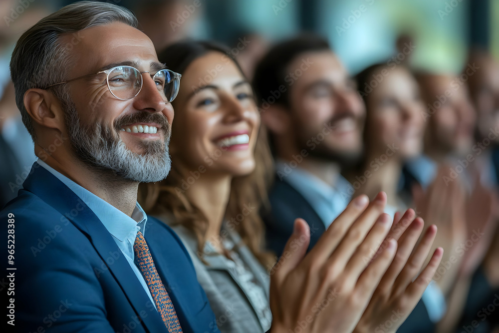 Smiling Business People Applauding Speaker Photo Smiling Business People Applauding Speaker Photo