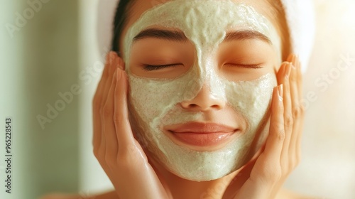 Portrait of an East Asian model woman applying a natural face mask, capturing the blend of beauty and wellness practices (close up, theme: natural beauty) in a serene bathroom (vibrant, Overlay).