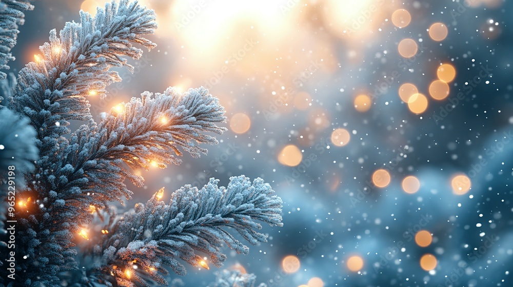Snowy Evergreen Branch with Warm Lights and Falling Snow Snowy Evergreen Branch with Warm Lights and Falling Snow