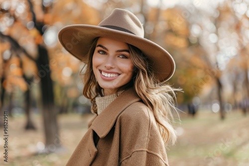 Attractive stylish woman holding hat on head, walking in park, dressed in warm suit. Pretty woman brown hair