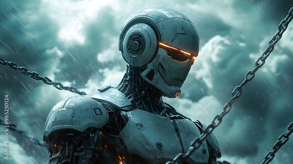 In the heart of a legal tempest, a robot struggles as chains of law constrict its movements, the storm intensifying, clouds swirling menacingly In the heart of a legal tempest, a robot struggles as chains of law constrict its movements, the storm intensifying, clouds swirling menacingly