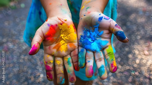 Close-up of colorful paint on child's hands. photo