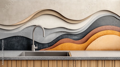 A sink with a metal faucet in front of an abstract wall, AI