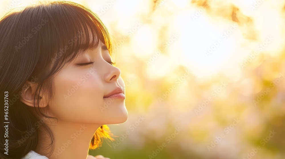 Fototapeta premium Serene Japanese Woman Embracing Solitude in Ethereal Park Silhouette - Close-up Profile of Peaceful Picnic Moment