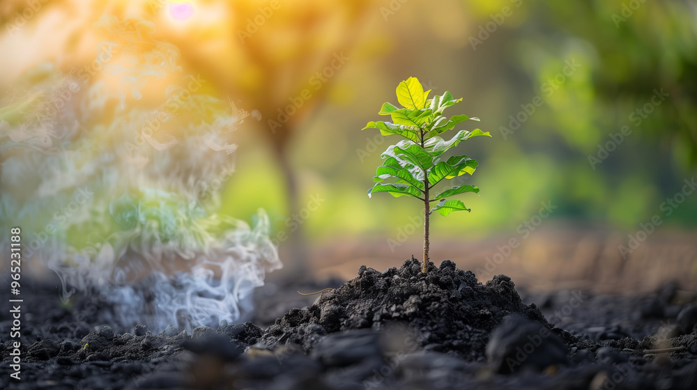 New Plant Growing in Smoky Soil After Environmental Impact New Plant Growing in Smoky Soil After Environmental Impact