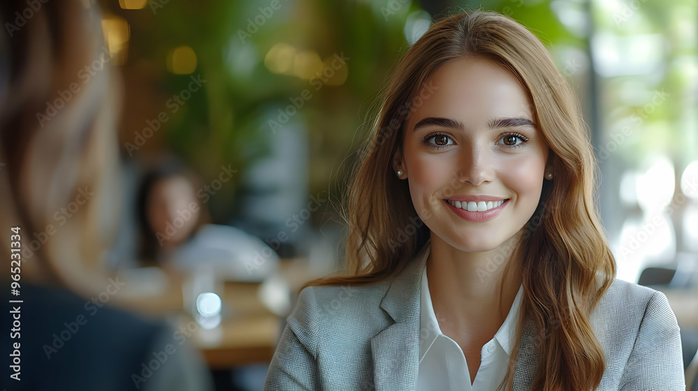 Photo - Confident Businesswoman Smiling in Cafe Meeting Photo - Confident Businesswoman Smiling in Cafe Meeting