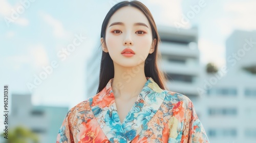 Portrait of a Korean model woman standing confidently in her favorite outfit, reflecting self-love through fashion (focus on, theme: empowered style) in a city setting (realistic, Composite).