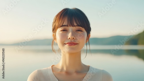 Serene Japanese Woman Finding Self-Love Through Yoga by the Lake - Concept of Balanced Self Reflection with Calm Waters