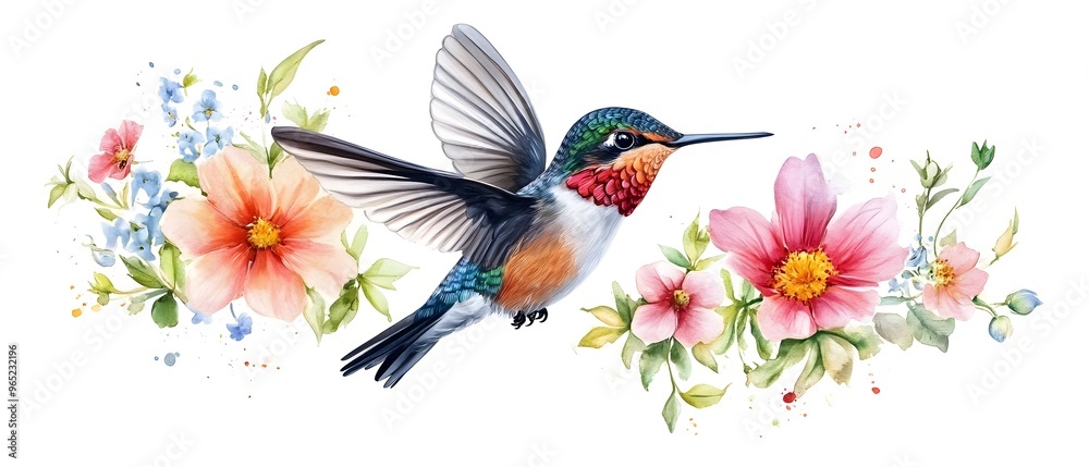 A vibrant hummingbird in flight with colorful flowers, capturing the beauty of nature and its graceful, delicate movement. A vibrant hummingbird in flight with colorful flowers, capturing the beauty of nature and its graceful, delicate movement.
