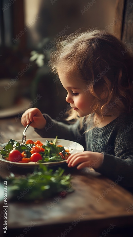 Young Girl Concentrated on Eating a Salad Young Girl Concentrated on Eating a Salad