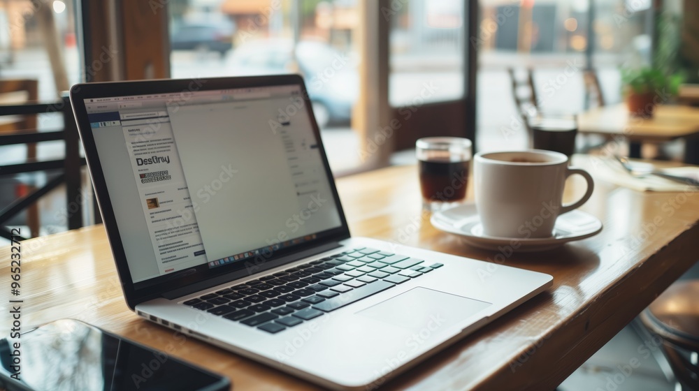 Modern Workspace with Laptop and Coffee at a Cozy Cafe - Remote Work and Freelance Concept Modern Workspace with Laptop and Coffee at a Cozy Cafe - Remote Work and Freelance Concept