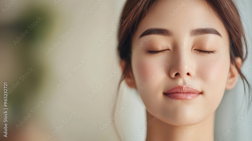 Portrait of a Korean model woman taking a deep breath with eyes closed, reflecting the simplicity of appreciating the present moment (selective focus, theme: deep breath) in a calm setting Portrait of a Korean model woman taking a deep breath with eyes closed, reflecting the simplicity of appreciating the present moment (selective focus, theme: deep breath) in a calm setting