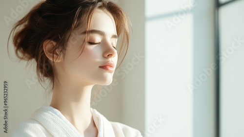 Free Download Profile view of a Japanese model woman enjoying a minimalist interior, highlighting modern Japanese design (close up, theme: minimalist living) in a contemporary home (futuristic, Composite). - GFXLoad